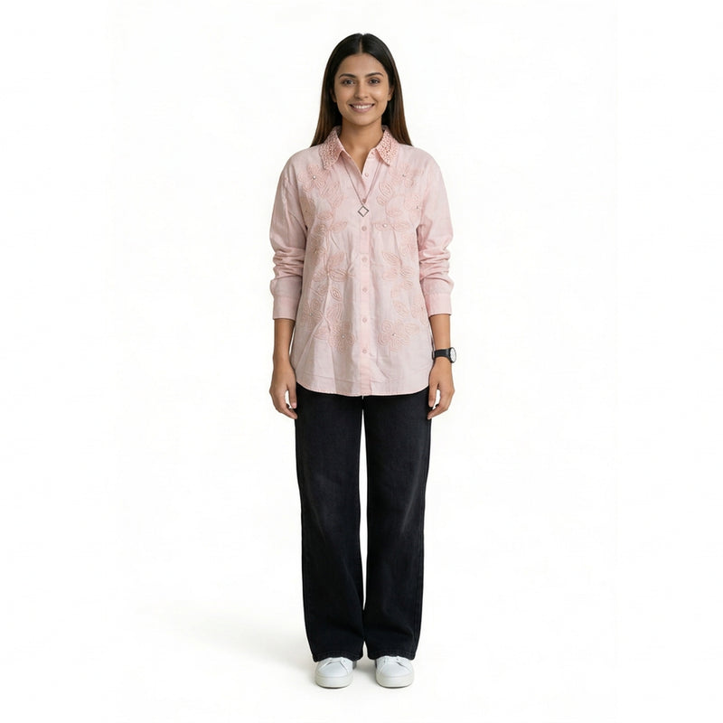 Women’s Embroidered Cotton Shirt – Floral Detail Button-Down Top | Pink, White,Beige,Black & Maroon Smart Casual Shirt