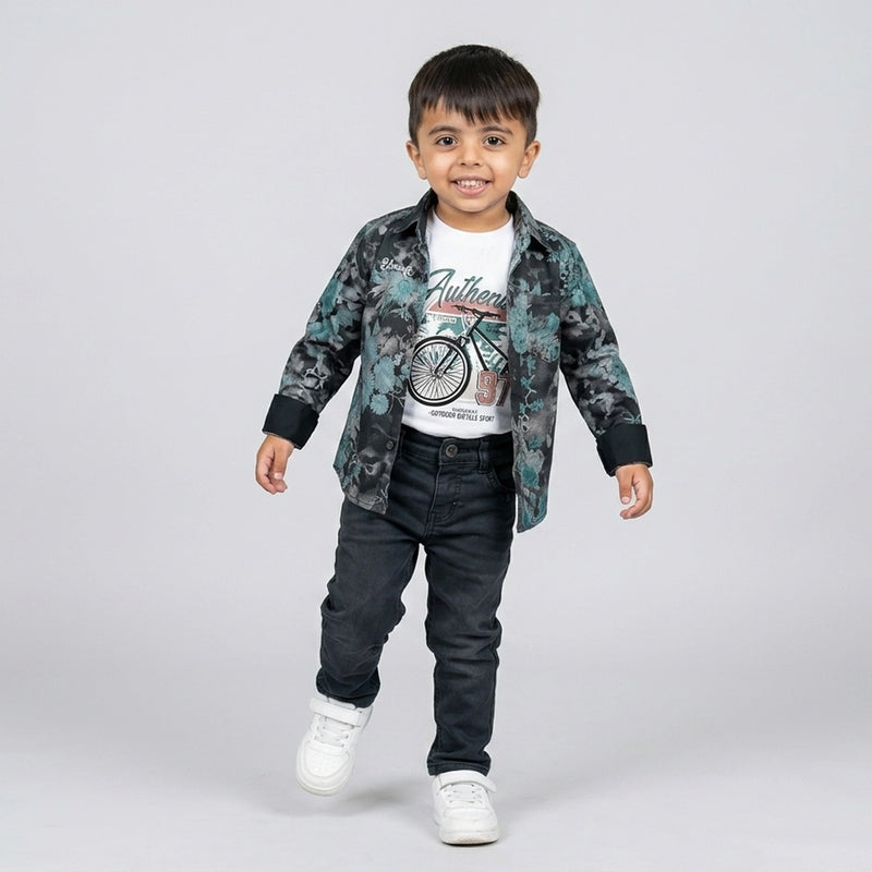 Boys Dark Printed Shirt with Graphic T-Shirt & Grey Jeans – Stylish Kids 3-Piece Casual Outfit Set KD-MV-B-SET-10060
