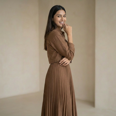 Women’s Pleated Maxi Dress with Crop Shirt Top – Elegant Long Sleeve Dress