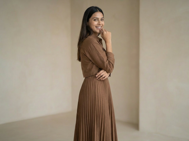 Women’s Pleated Maxi Dress with Crop Shirt Top – Elegant Long Sleeve Dress