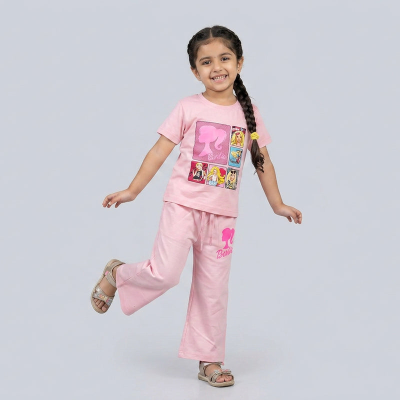 Girls Barbie Co-Ord Set – Stylish Graphic T-Shirt & Flared Pants Outfit for Kids