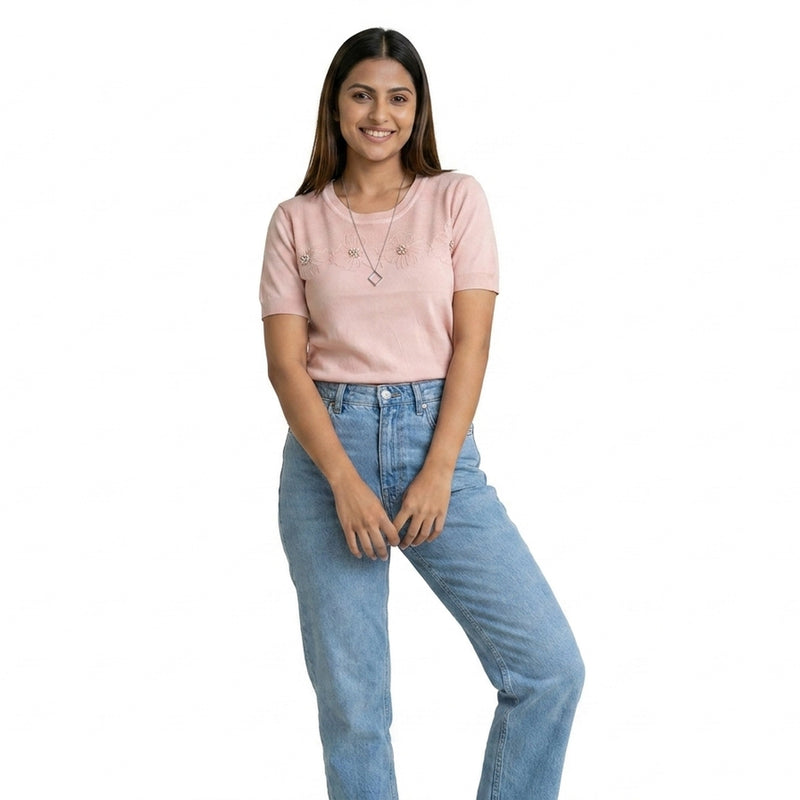Women Knit Top – Casual Short Sleeve T-Shirt with Minimal Embroidery Detail