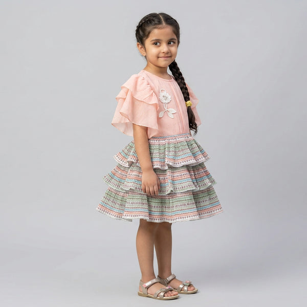 Girls Peach Ruffle Sleeve Top & Printed Layered Skirt Set – Stylish Party Wear Outfit for Kids