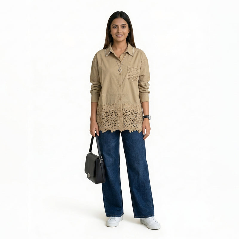 Women’s Lace Hem Cotton Shirt – Embroidered Button-Down Top | White, Blue, Pink, Beige & Black Casual Shirt