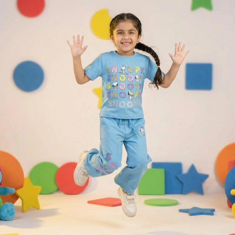 Girls Snoopy Printed Co-Ord Set – Beige Graphic T-Shirt & Wide Leg Pants for Kids