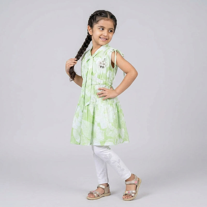 Girls Floral A-Line Dress with Leggings – Elegant Casual & Party Wear Outfit for Kids