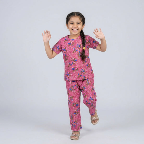 Girls Pink Floral Print Cotton T-Shirt & Pyjama Set