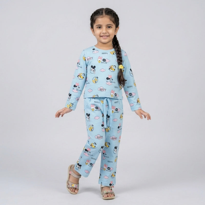 Girls Cartoon Printed Night Suit Set – Soft Full Sleeve Kids Co-Ord Pajama Set