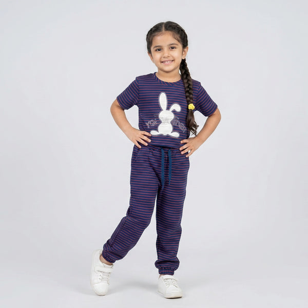 Girls Striped Co-Ord Set – Cute Bunny Print Cotton Top & Jogger Pants for Kids