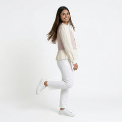 Polka Dot Button-Front Peplum Top with Contrast Sleeves