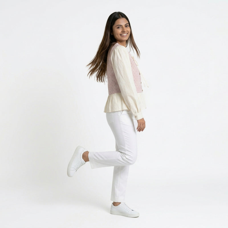 Polka Dot Button-Front Peplum Top with Contrast Sleeves