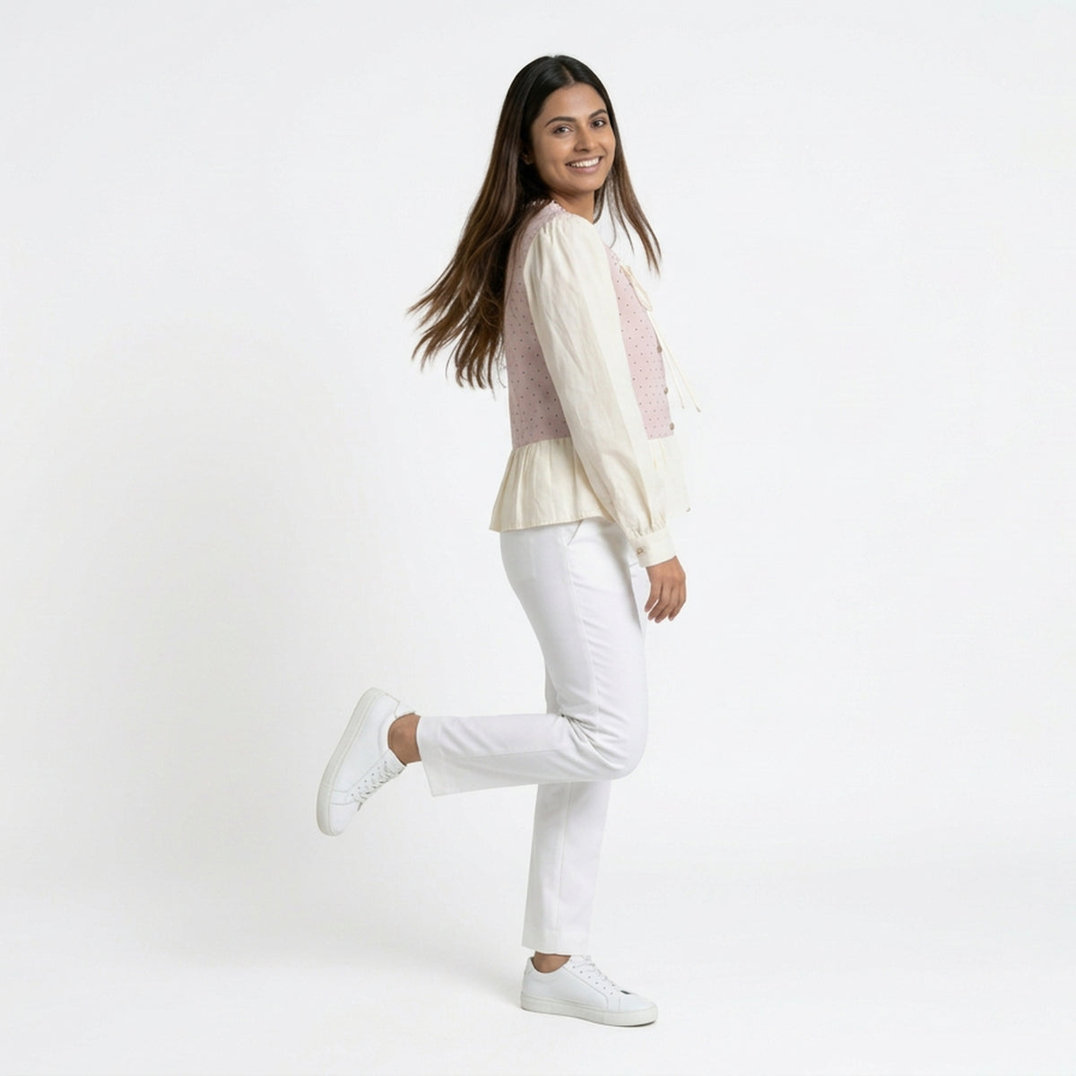 Polka Dot Button-Front Peplum Top with Contrast Sleeves - image 7
