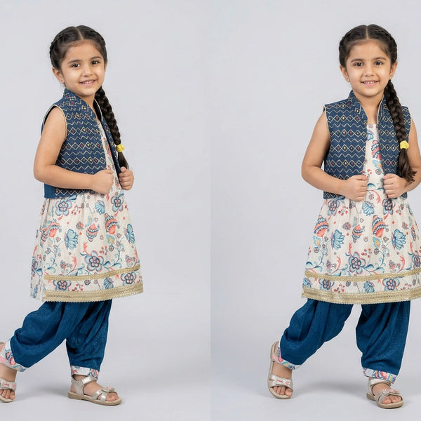 Two identical images of a young girl in traditional attire on a white background