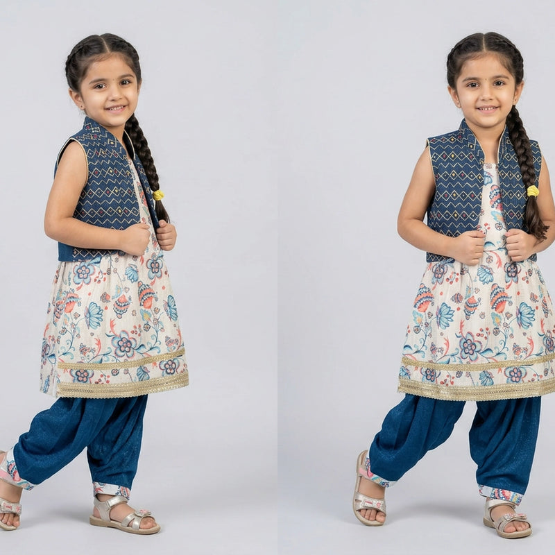 Two identical images of a young girl in traditional attire on a white background