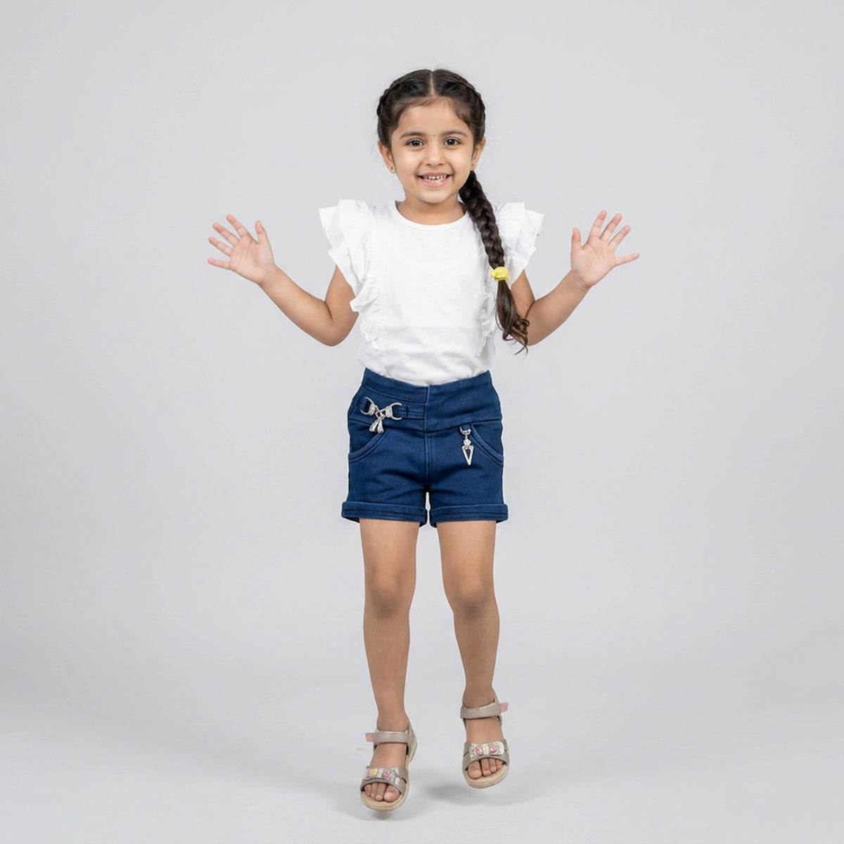 Girls Blue High-Waist Denim Shorts with Charm Drawstring Detail