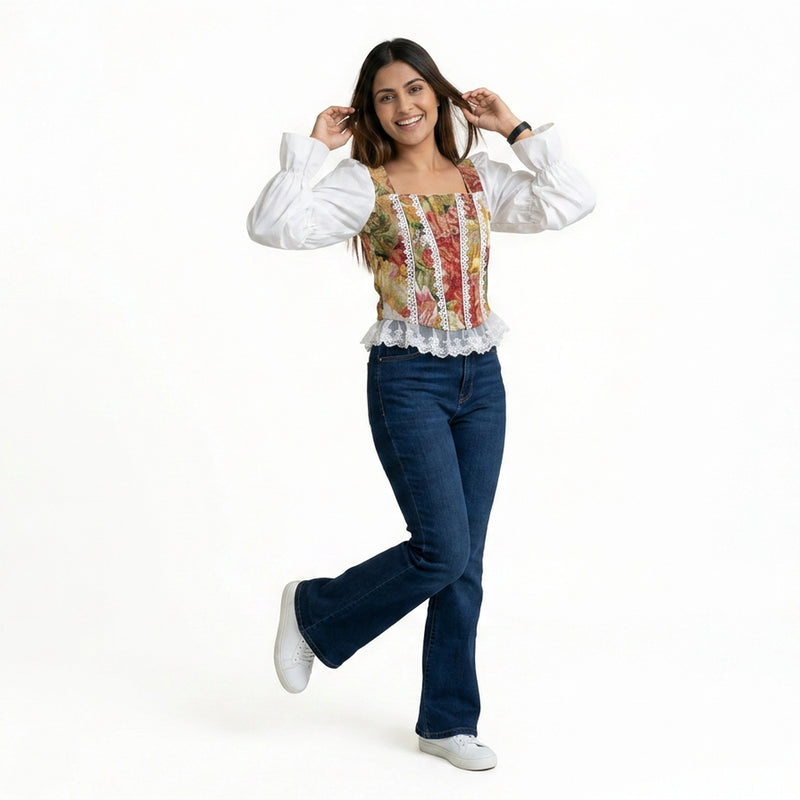Women’s Black Wide-Leg Pants with Printed Corset Style Top – Elegant Party & Evening Outfit Set