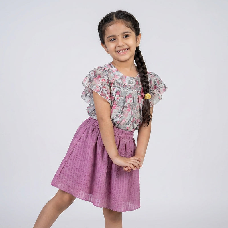 Girls Floral Ruffle Sleeve Top with Pink Flared Skirt Set – Stylish Casual & Party Wear Outfit for Kids