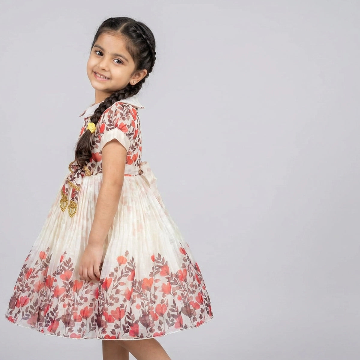 Girls Ivory Floral Print Peter Pan Collar Dress with Tasseled Waist Belt