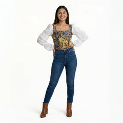 Women’s Floral Corset Top with Sheer Puff Sleeves – Trendy Summer Outfit Set