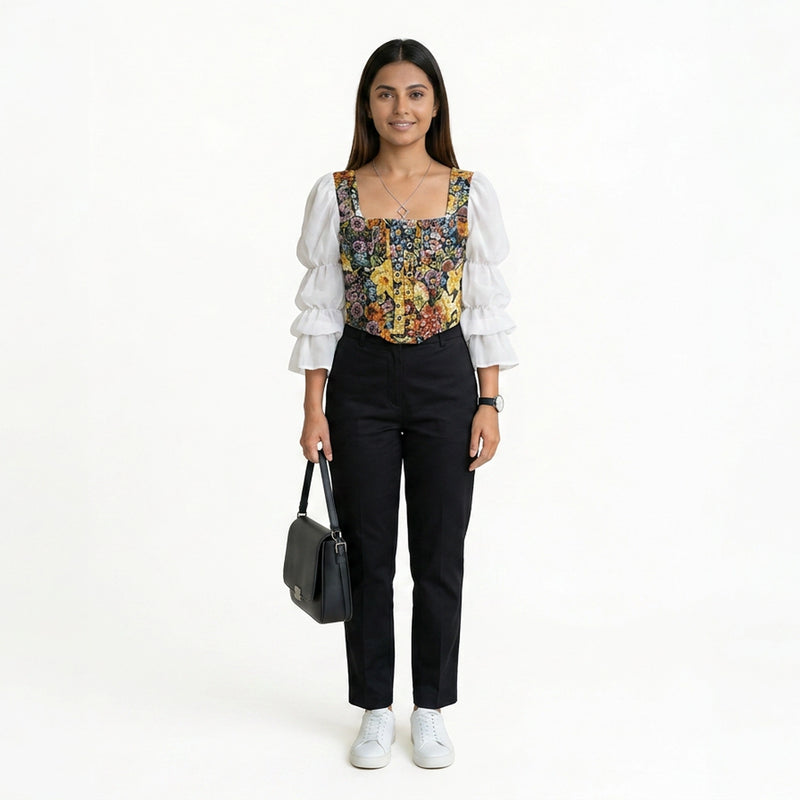 Women’s Floral Corset Top with Sheer Puff Sleeves – Trendy Summer Outfit Set