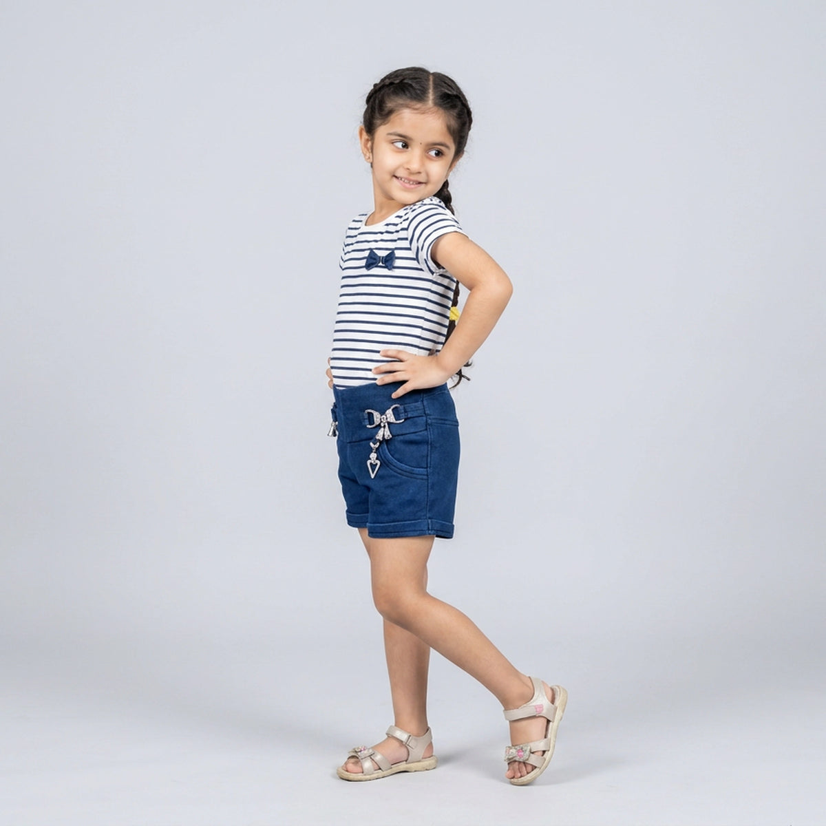 Girls Blue High-Waist Denim Shorts with Charm Drawstring Detail