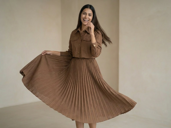 Woman wearing a brown shirt-style dress with a cinched waist and pleated skirt, holding the hem while standing in a minimal indoor settin

