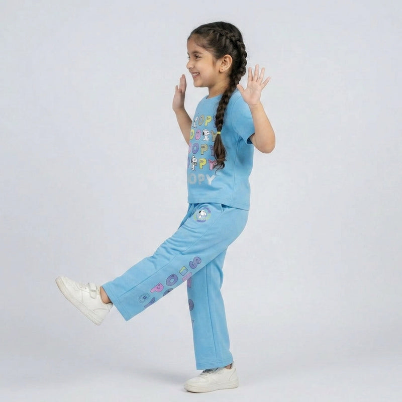 Girls Snoopy Printed Co-Ord Set – Beige Graphic T-Shirt & Wide Leg Pants for Kids