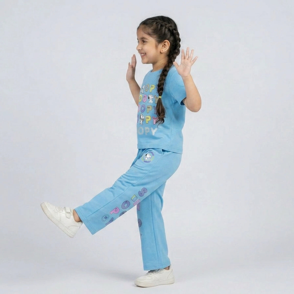 Girls Snoopy Printed Co-Ord Set – Beige Graphic T-Shirt & Wide Leg Pants for Kids - image 9
