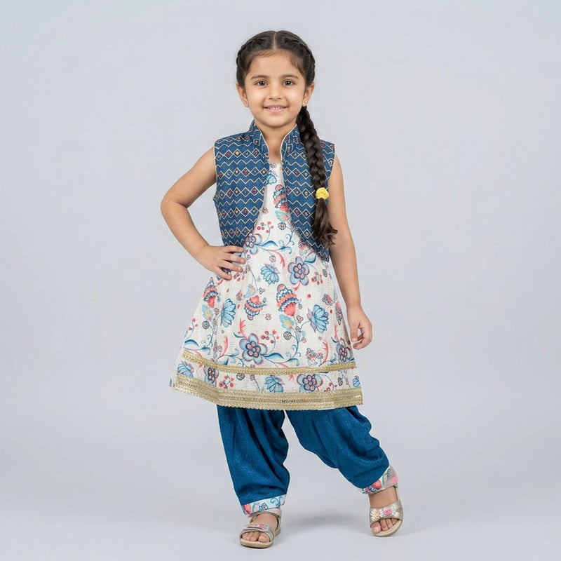 Girls Printed long blue and pink ethnic dress – Stylish Summer Casual dress Outfit for Kids