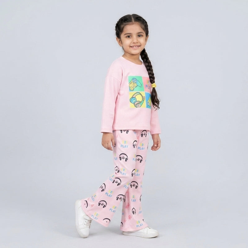 Girls Graphic Co-Ord Set – Cute Printed Sweatshirt & Flared Pants Outfit for Kids
