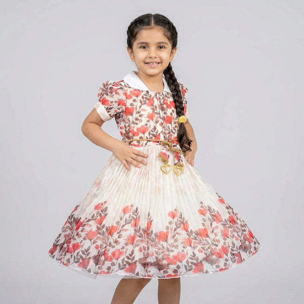 Girls Ivory Floral Print Peter Pan Collar Dress with Tasseled Waist Belt