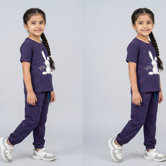 Girls Striped Co-Ord Set – Cute Bunny Print Cotton Top & Jogger Pants for Kids