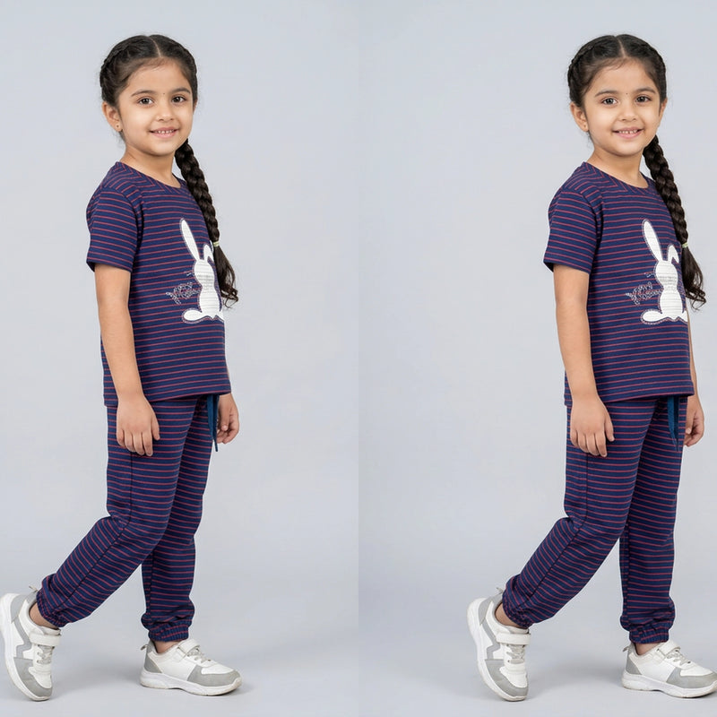Girls Striped Co-Ord Set – Cute Bunny Print Cotton Top & Jogger Pants for Kids