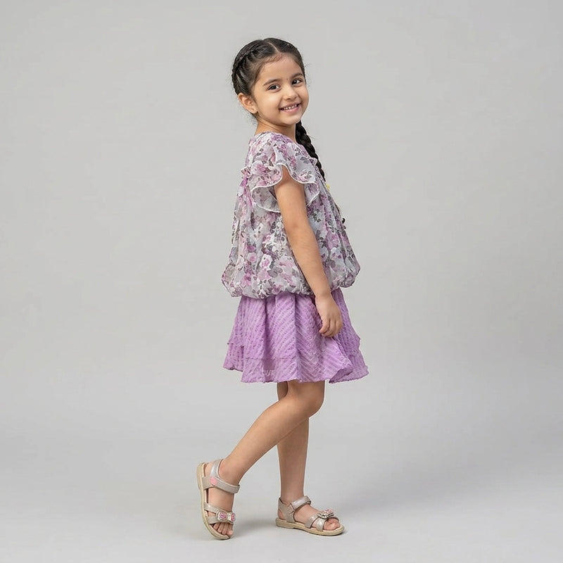 Girls Floral Ruffle Sleeve Top with Pink Flared Skirt Set – Stylish Casual & Party Wear Outfit for Kids