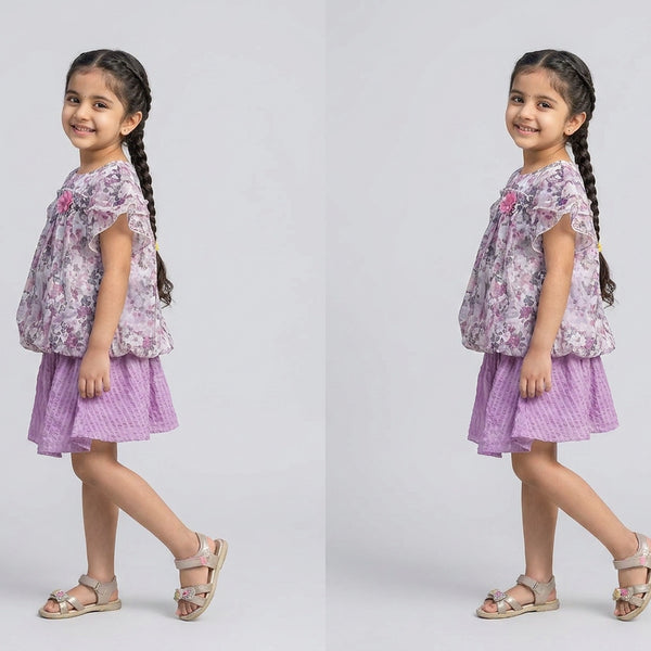 Girls Floral Ruffle Sleeve Top with Pink Flared Skirt Set – Stylish Casual & Party Wear Outfit for Kids - image 5