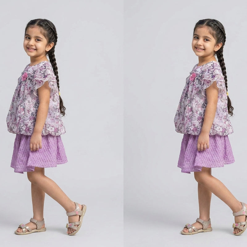 Girls Floral Ruffle Sleeve Top with Pink Flared Skirt Set – Stylish Casual & Party Wear Outfit for Kids