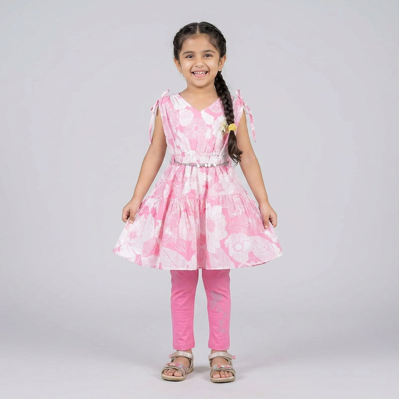 Girls Floral A-Line Dress with Leggings – Elegant Casual & Party Wear Outfit for Kids