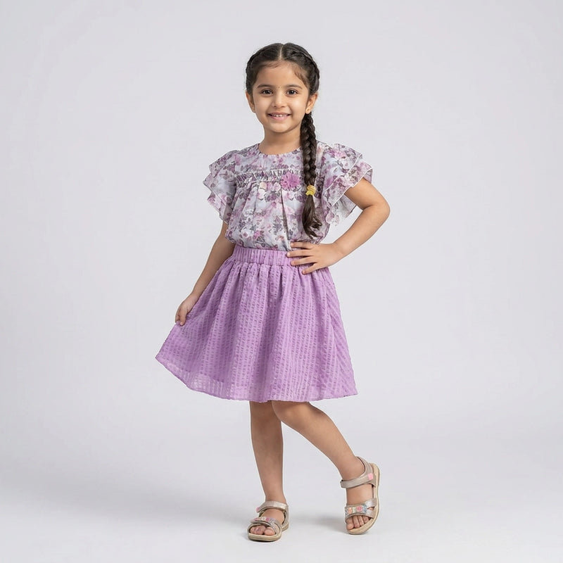 Girls Floral Ruffle Sleeve Top with Pink Flared Skirt Set – Stylish Casual & Party Wear Outfit for Kids
