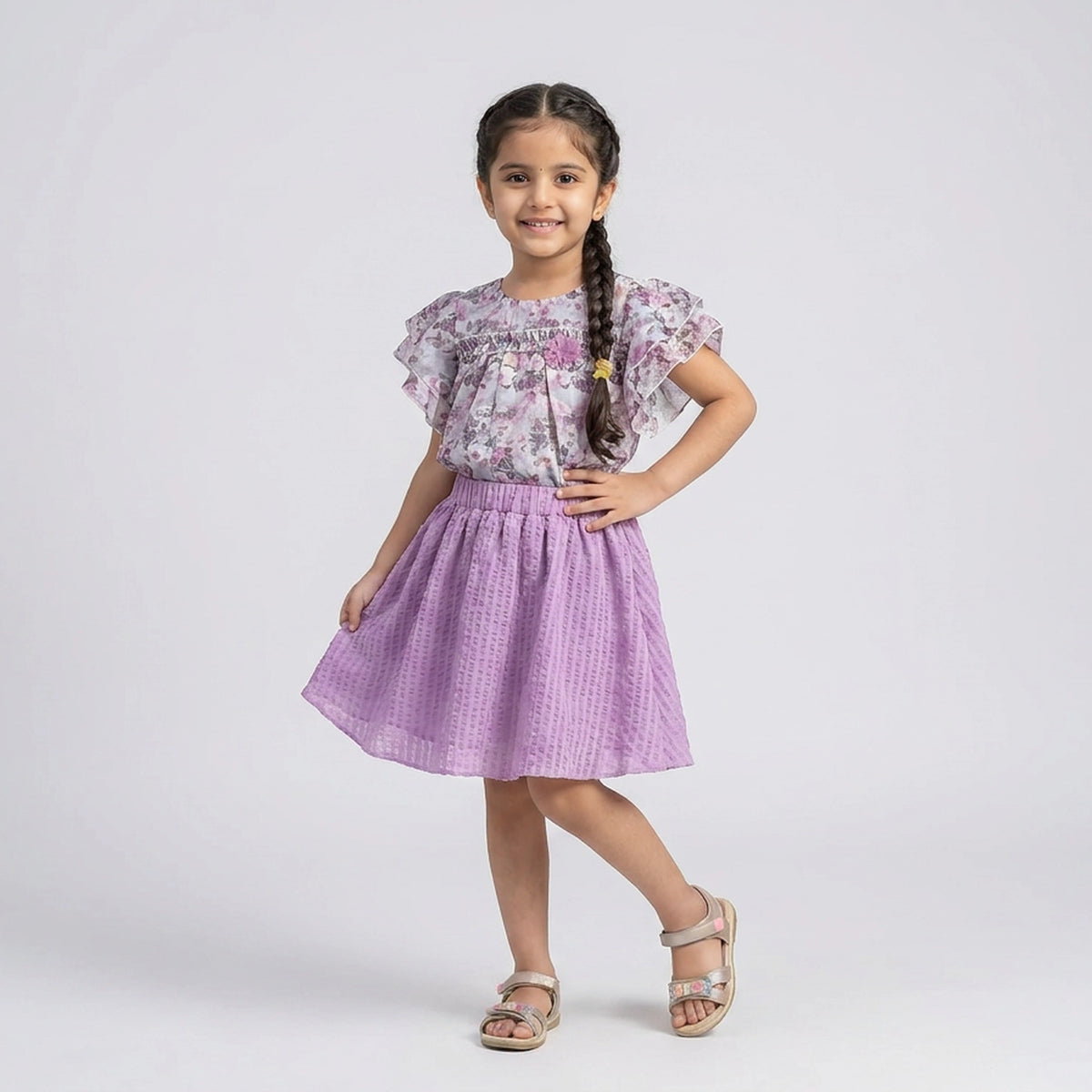 Girls Floral Ruffle Sleeve Top with Pink Flared Skirt Set – Stylish Casual & Party Wear Outfit for Kids - image 2