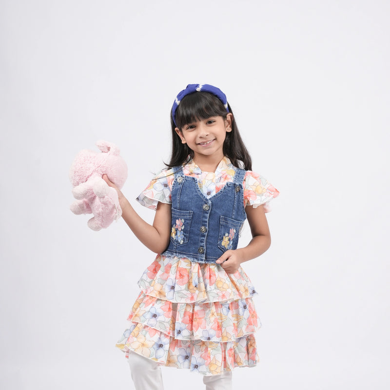 Girls - Denim Pinafore Dress With Floral Print Top and legging