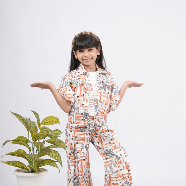 Girls White TShirt, Orange Jacket and Plazo - 3 PC Set