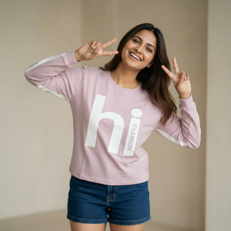 Women’s “Hi Fashion” Printed Full Sleeve Cotton T-Shirt – Relaxed Fit