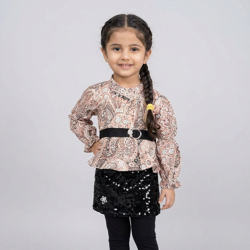 Girls Beige Paisley Print Peplum Top with Black Leggings Set – Stylish Casual & Party Wear Co-Ord Outfit for Kids