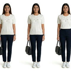 Woman wearing short sleeve knit top with embroidery paired with black jeans casual outfit