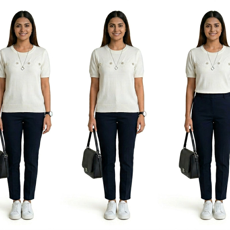 Woman wearing short sleeve knit top with embroidery paired with black jeans casual outfit