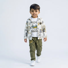Young boy wearing printed shirt with graphic t-shirt and olive cargo pants kids casual 3 piece outfit