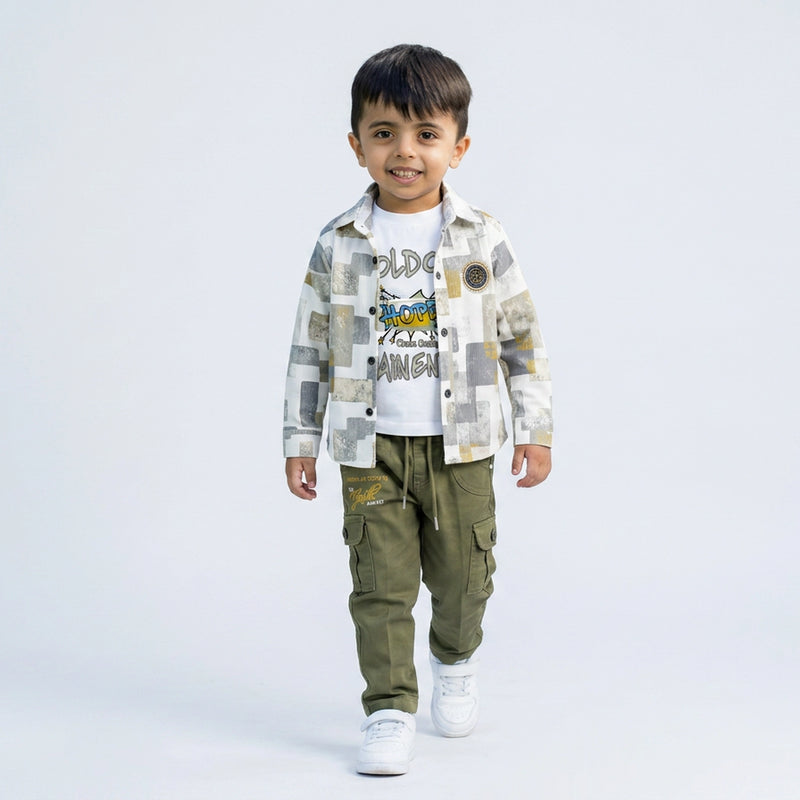 Young boy wearing printed shirt with graphic t-shirt and olive cargo pants kids casual 3 piece outfit