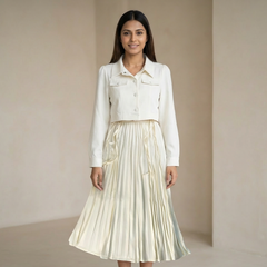 Women’s Pleated Maxi Dress with Crop Shirt Top – Elegant Long Sleeve Dress