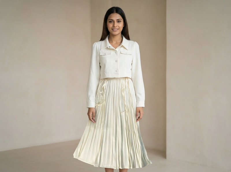 Women’s Pleated Maxi Dress with Crop Shirt Top – Elegant Long Sleeve Dress
