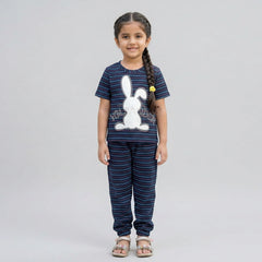 Girls Striped Co-Ord Set – Cute Bunny Print Cotton Top & Jogger Pants for Kids